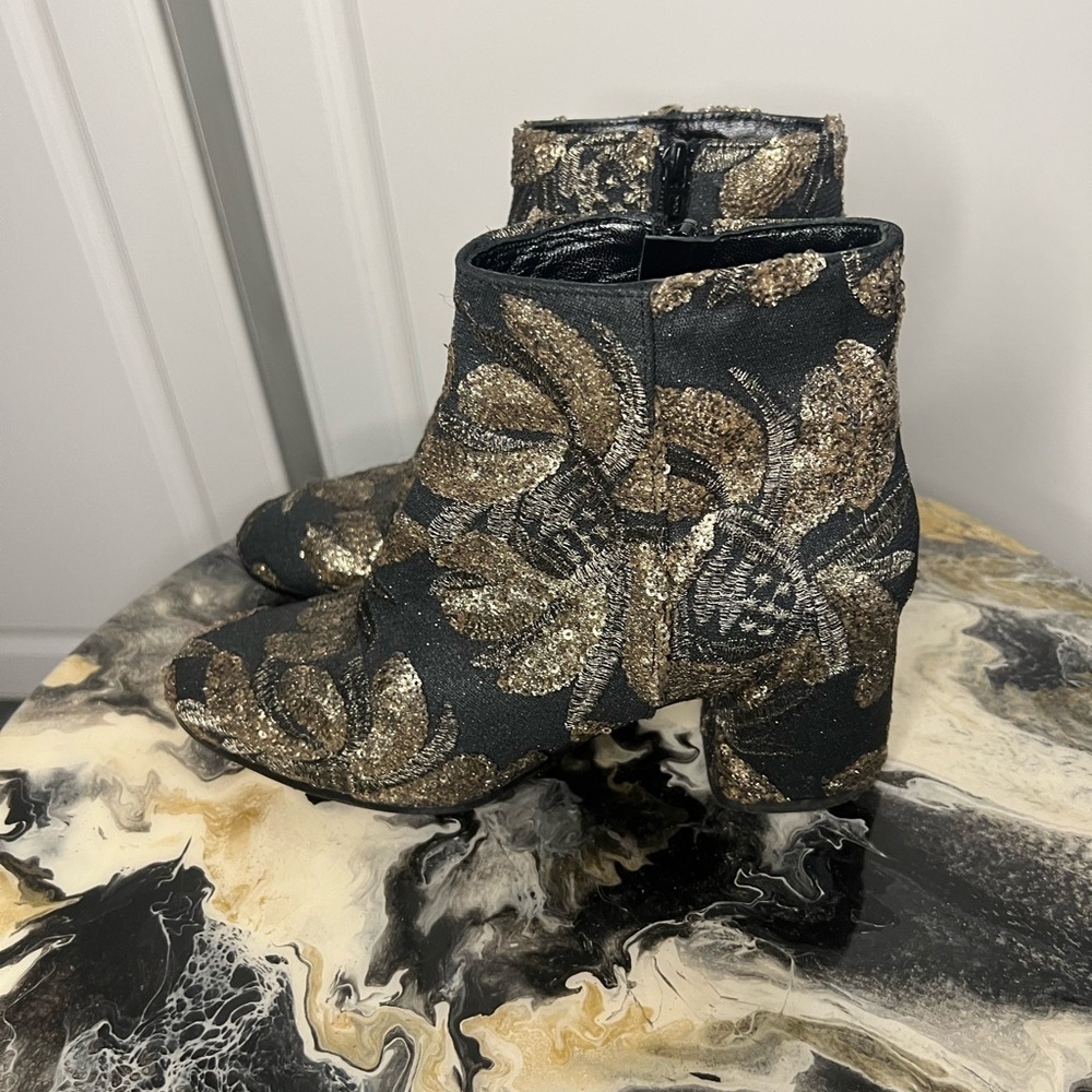 Made in Italy Gold Brocade Sequin Ankle Boots Leather Sole - Picture 4 of 13